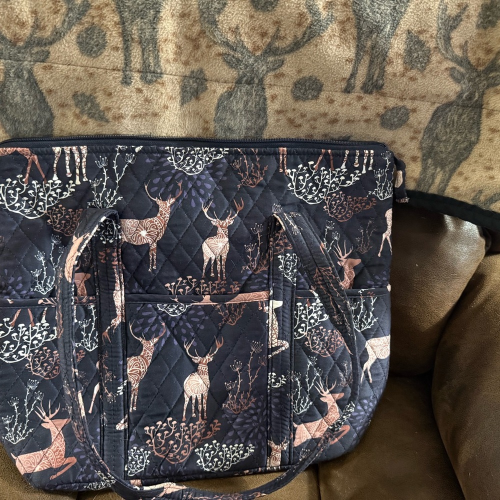 Stylish Quilted Deer Print Tote Bag - Navy Blue and brown